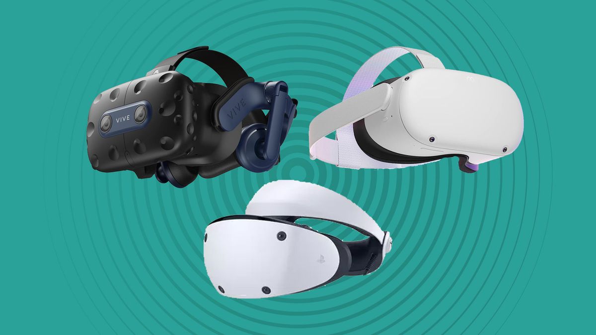 HTC Vive, Meta Quest 2 and PSVR 2 on a green backgroud