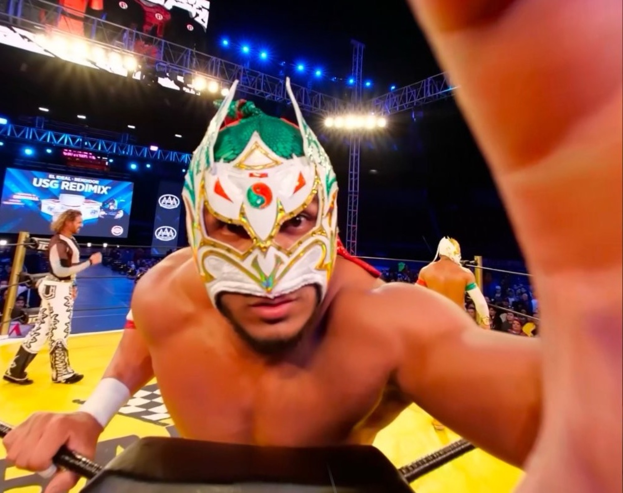 Immersive 3D view of a masked wrestler